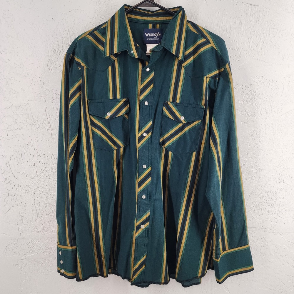 Wrangler Green Multi Stripe Pearl Snap Western Shirt Cowboy Mens Large